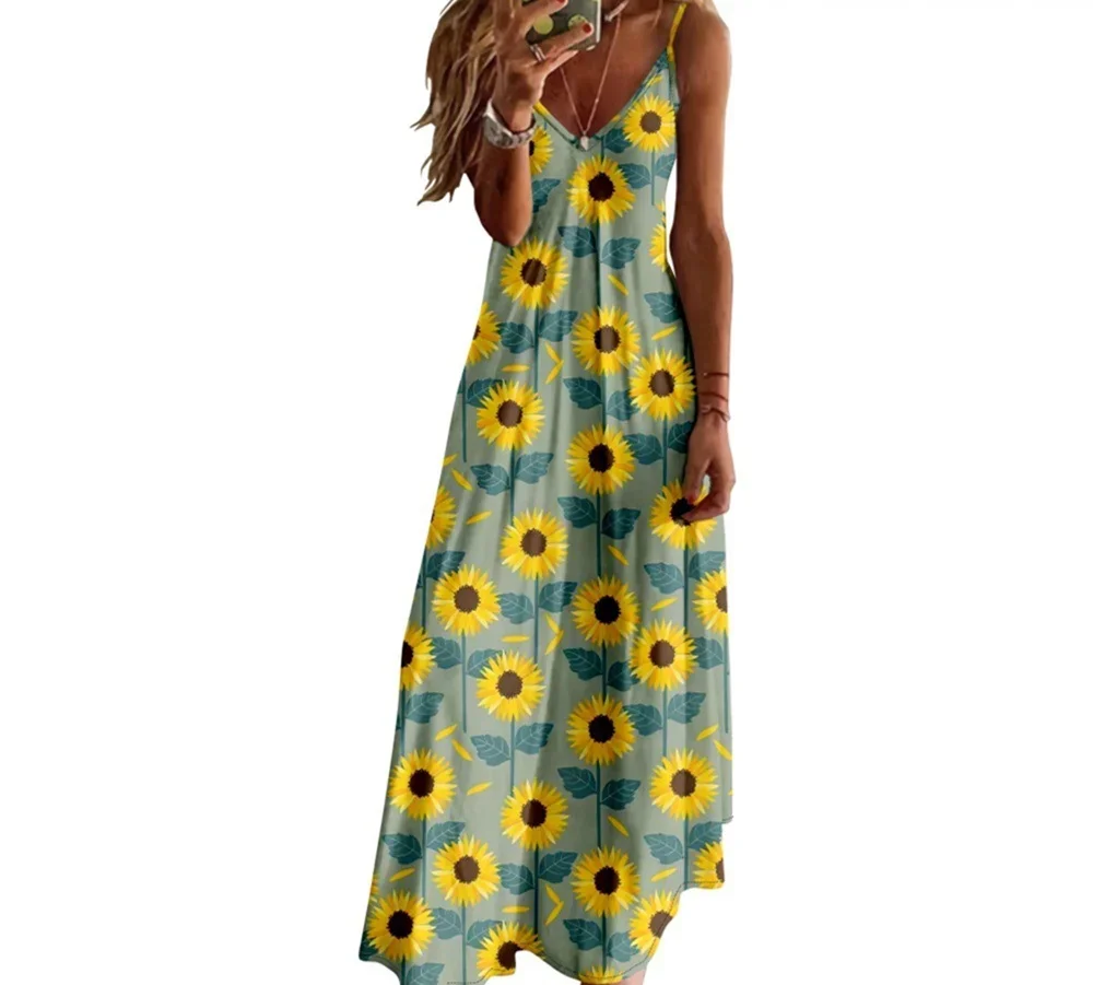 Vestido largo sin mangas con estampado de girasol para mujer, traje elegante de lujo para fiesta y playa, Verano