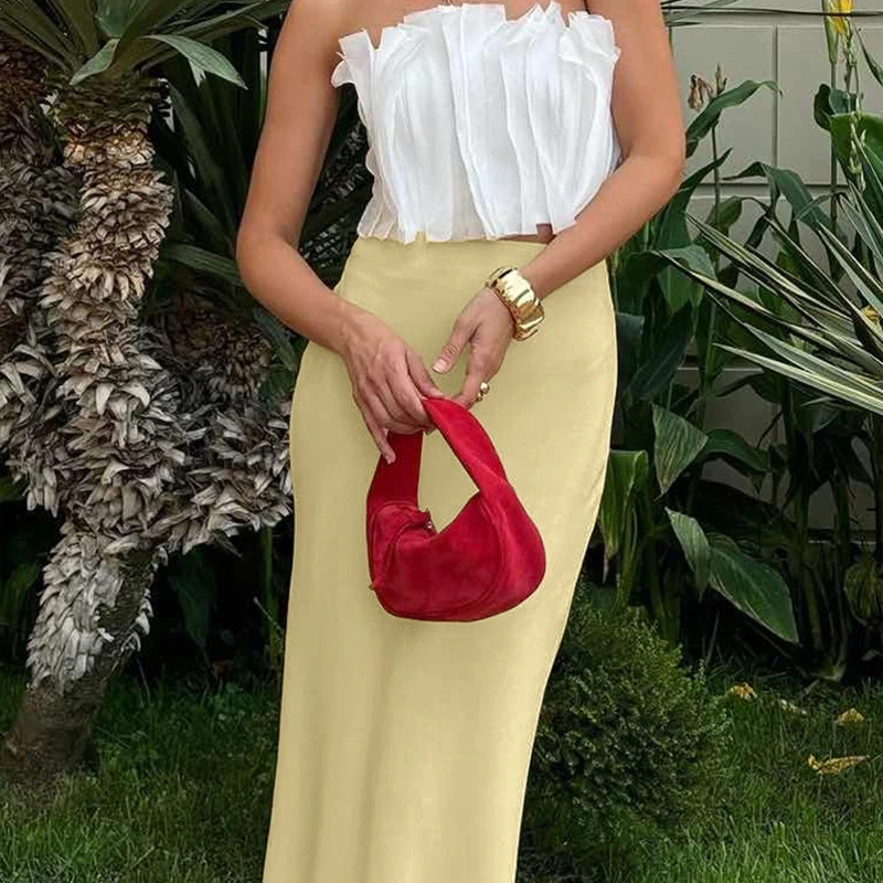 Tornova Sation Yellow Long Skirt For Women Sexy Bodycon High Waist Elegant Draped 2025 New Commuting Skirts Solid Summer Fashion
