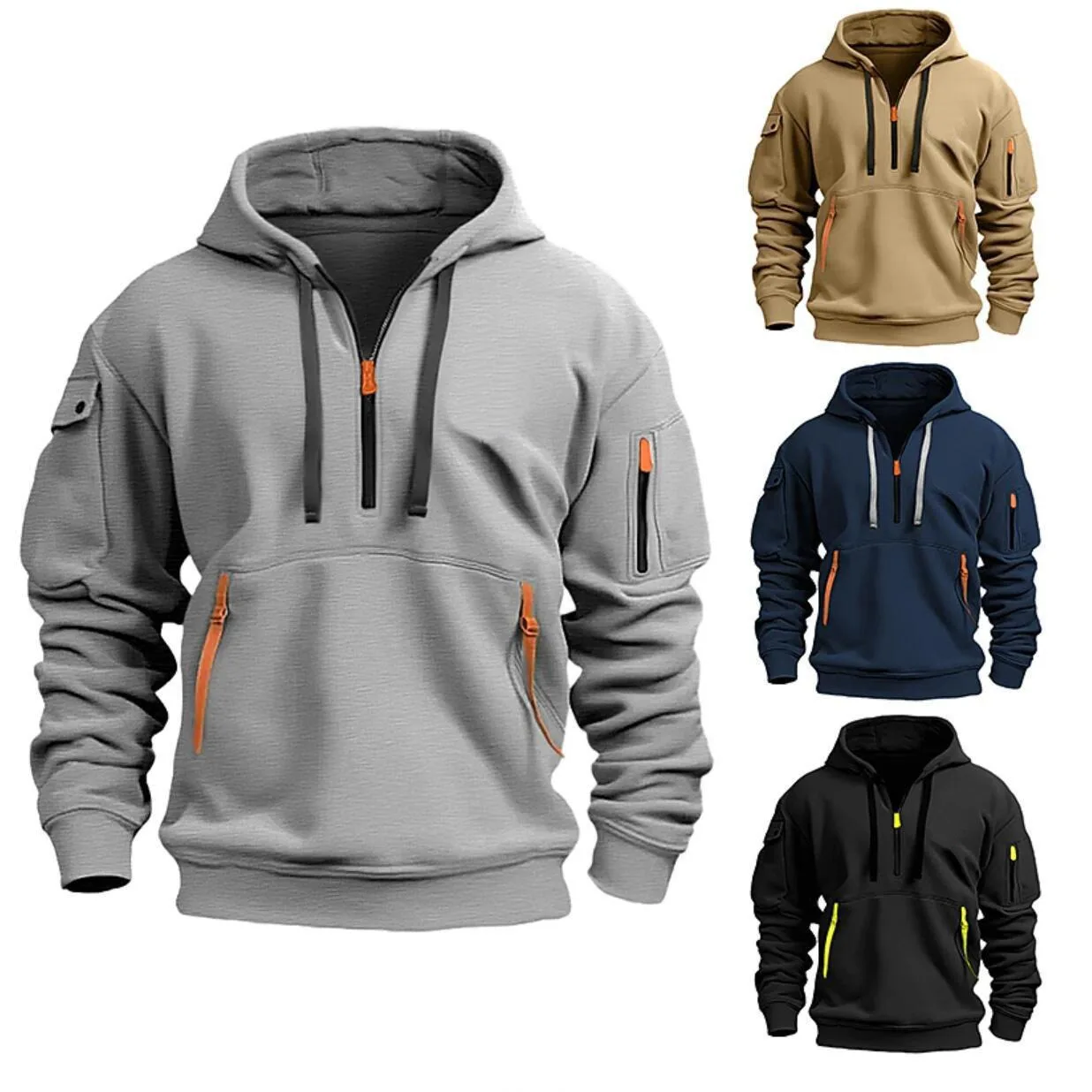 Multi Pocket Hoodies Men's Casual Coat Hooded Sweatshirt Zipper Pullover Sweatshirt Men's Hip-hop Clothing Contrast Streetwear