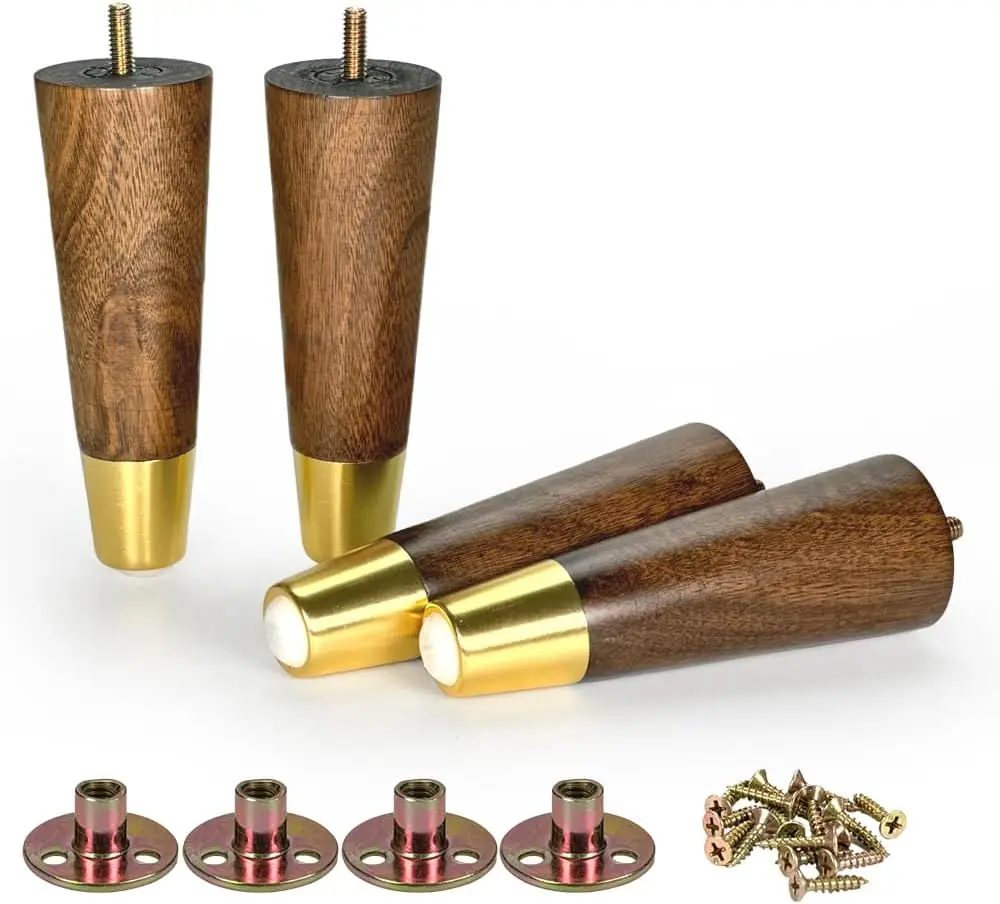 

6 Inch Wooden Furniture Legs with Gold Cap Set of 4 Sofa Replacement Solid Wood Furniture Feet for Armchair Couch Cabinet Dresse