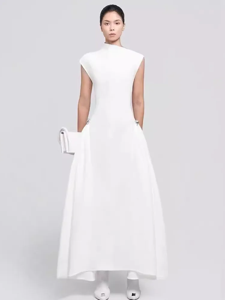 QMQA Fashion Women\'s Evening Elegant Dress Diagonal Collar Sleeveless Slimming Ankle-length Dresses 2025 New Clothing 1A255