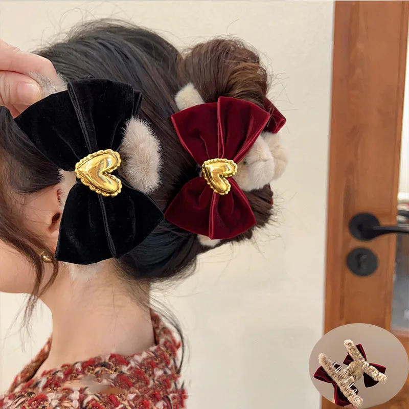 Fashion Autumn and Winter Large Bow Plush Hair Claw Women Elegant Ponytail Claw Clip Headgear Shark Clip Girl Hair Accessories