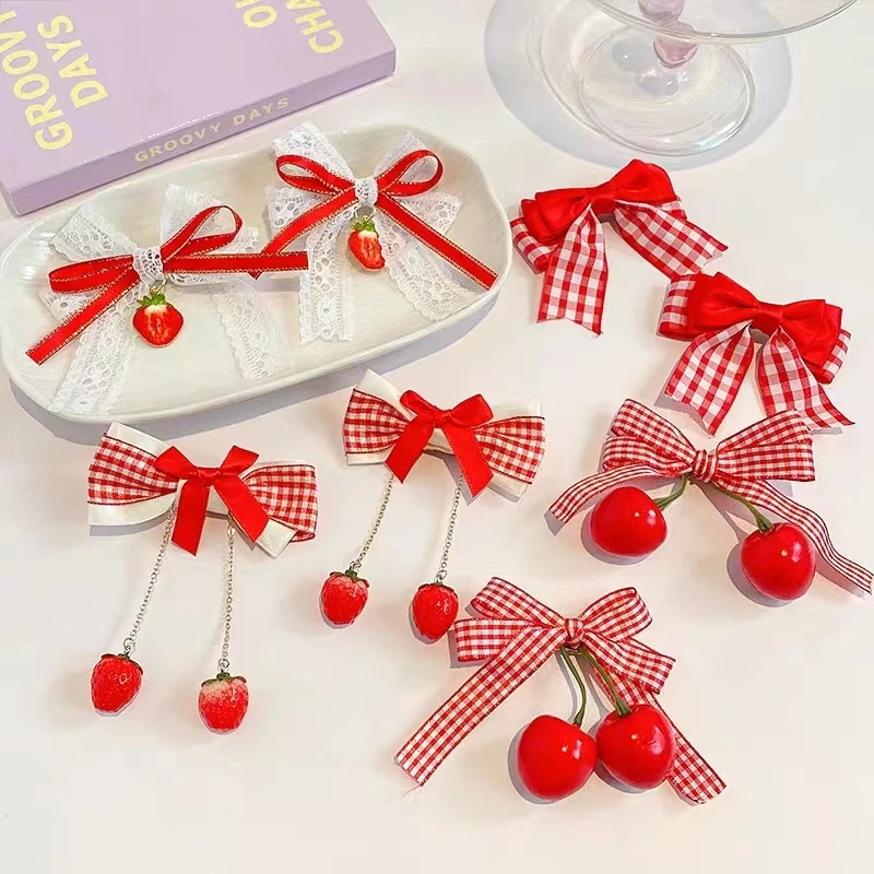 Cute Maiden Cherry Fabric Bow Hairpins Lace Strawberry Side Hairpins Pair Clips Children\'s Headflower Top Clips Lolita Headdress