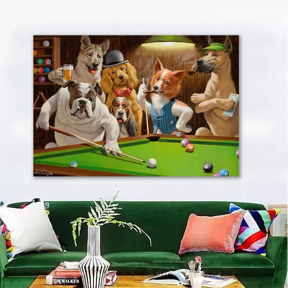 

New Abstract and Interesting Animal Dog Playing Poker Billiards Retro 5DDIY Diamond Wall Art Picture Living Room Home Decoration