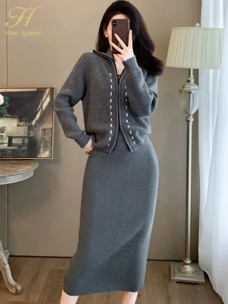 H Han Queen Autumn Winter Woman Knitted Sweater 2 Pieces Set Simple Zipper Cardigan + Vintage High Waist Skirt Korean Skirts Set