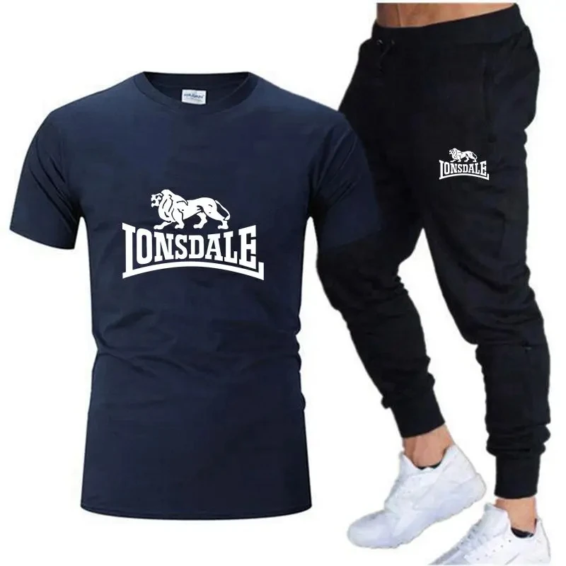 LONSDALE Summer New Men\'s T-shirt Set Sports Set Printed T-shirt+Long Pants Quick Drying Men\'s High Quality Casual 2-piece Set