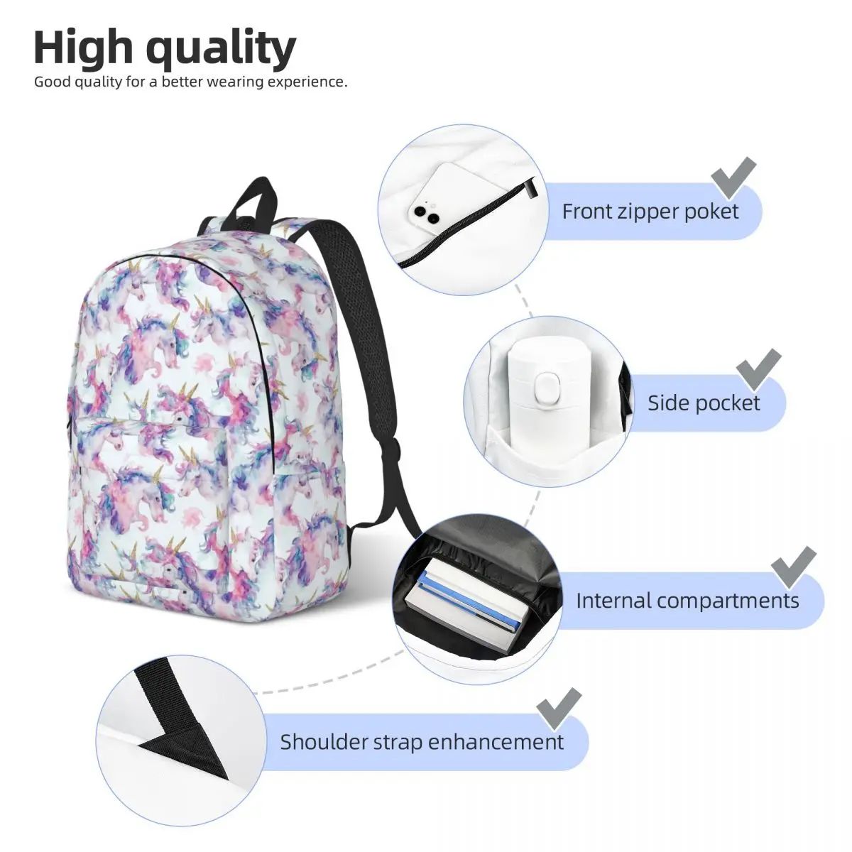 Watercolor Pastel Unicorn Pattern Backpack for Boy Girl Kids Student School Bookbag Cute Daypack Preschool Primary Bag Hiking