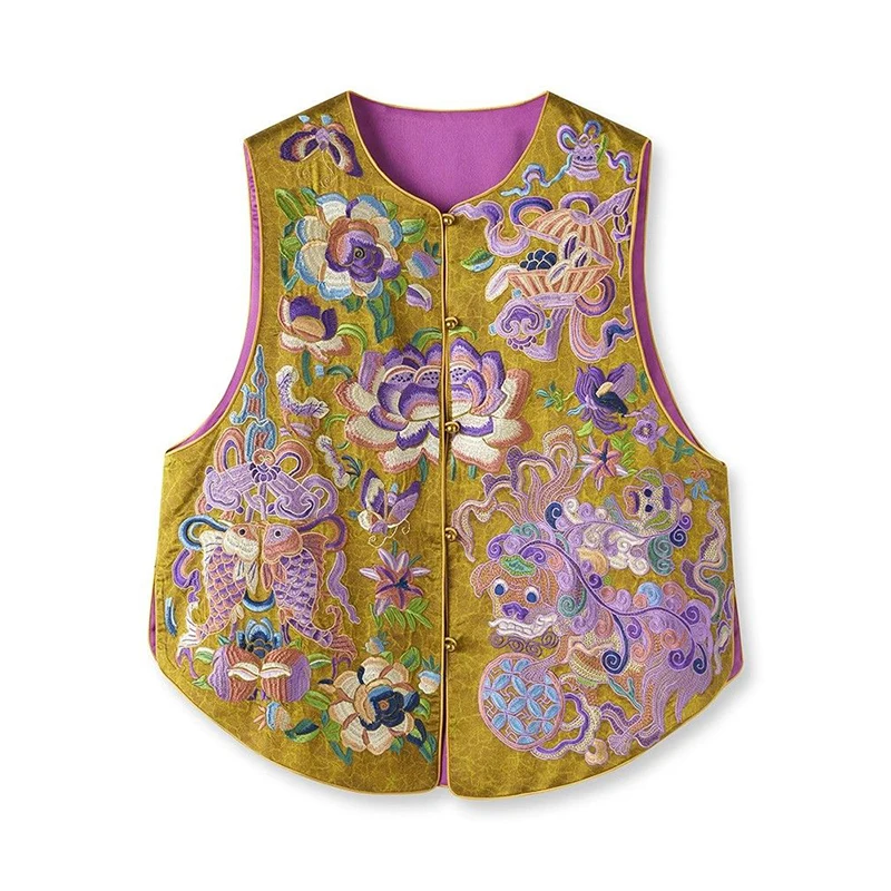 المطرزة الحرير الحرير سترة المرأة جولة الرقبة العرقية نمط التطريز أكمام أعلى الصينية الوطنية