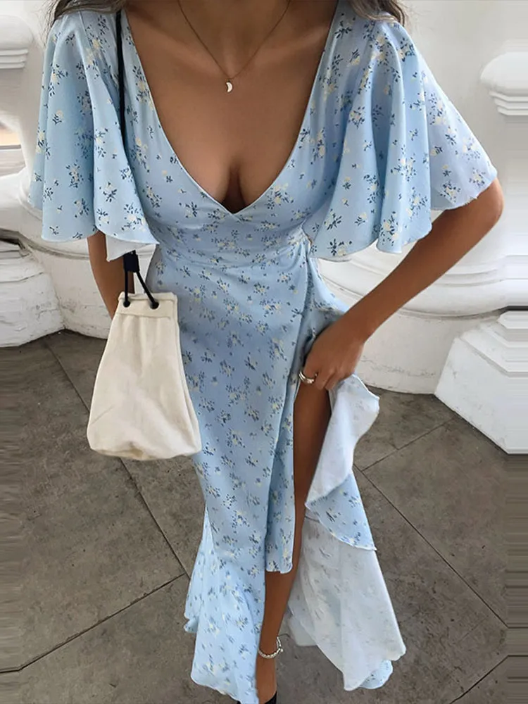 Boho Blumenmuster Rüschen Damen Maxikleid mit hohem Schlitz, asymmetrischen ausgestellten Ärmeln, Wickelkleid, Sommerurlaubskleider 2026
