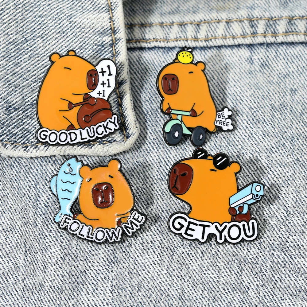 4Styles Kawaii Capybara Enamel Pins Humor Water Bear Design Brooch Creative Meme Animal Decorative Lapel Pins for Friends Gift