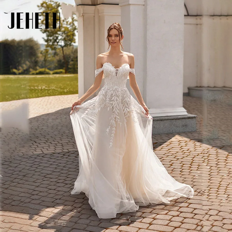 

JEHETH Charming A Line Wedding Dress 2023 Sexy Sweetheart Off The Shoulder Applique Backless Bridal Gowns Vestidos De Novia