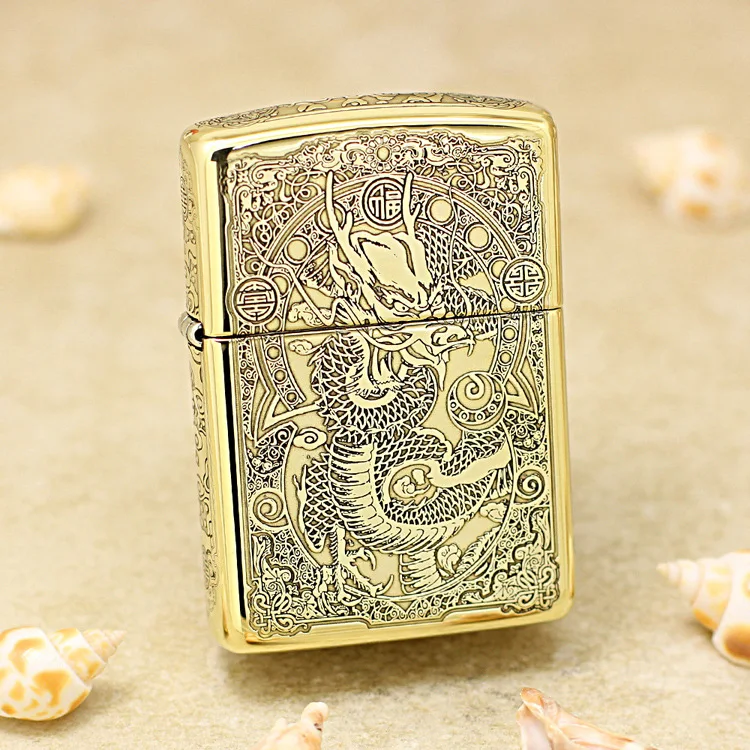 

Genuine Zippo golden dragon oil lighter copper windproof cigarette Kerosene lighters Gift with anti-counterfeiting code