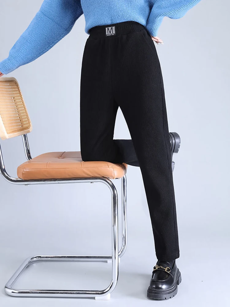 Pantalon en velours côtelé doublé de velours en peluche pour femme, pantalon de survêtement chaud, taille haute, longueur de rinçage, épais,