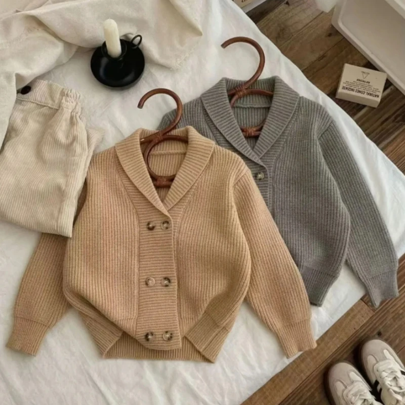 Herbst Winter Neue Jungen Pullover Einfarbig Zweireiher Revers Gestrickte Mantel Für 2 3 4 5 6 7 jahre Jungen Beiläufige Strickjacke