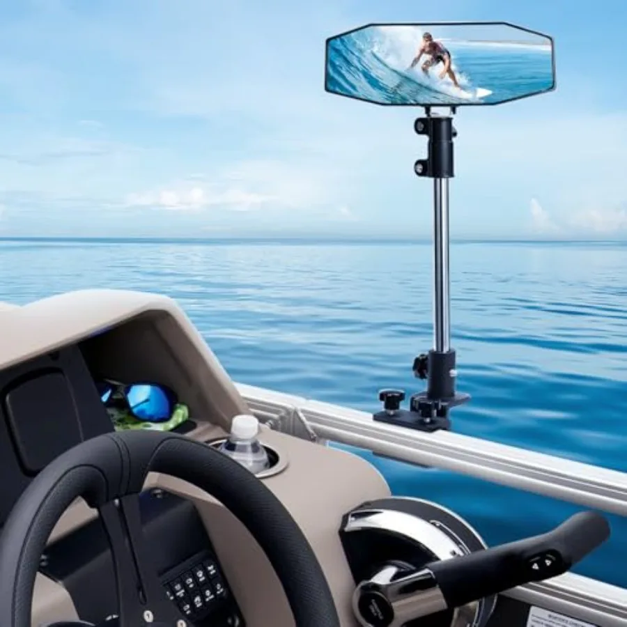 Pontoon Boat Mirror Rear View with Telescoping Pole 10.5" x 4" Extra Large 360 Adjustable Marine Mirror for Pontoon Rail or Bi
