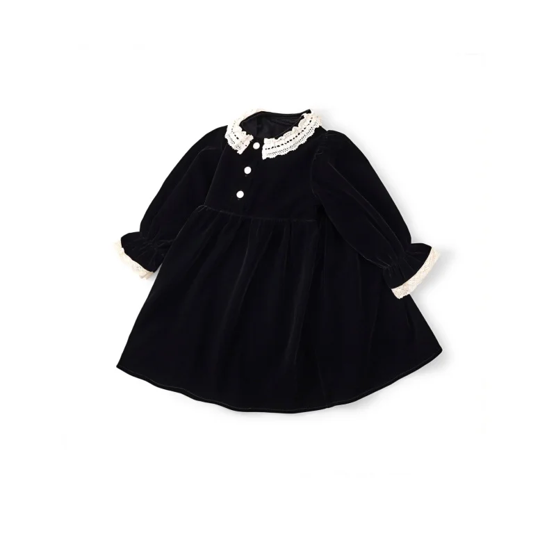 

Girls' Velvet Dress Autumn Winter New Thickened Lace Trim Long Sleeve New Year Dress Fleece Lined Elegant Dress
