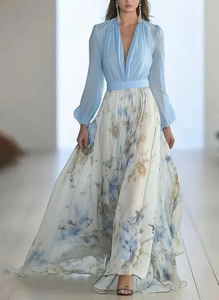 

Printed Contrast Color Women Long Dress Long Lantern Sleeve V-neck Pleated High Waist Robe Summer Beach Vacation Dresses