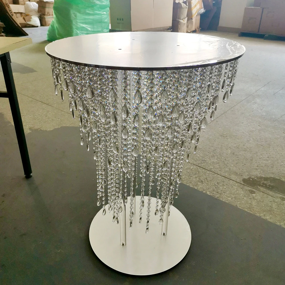 

Most popular clear acrylic table round crystal cake stand wedding decoration hanging beads dessert display table