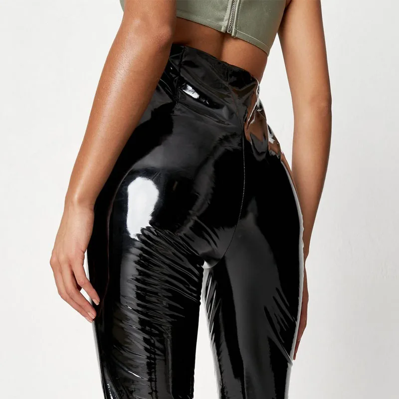 Shiny Faux Leather Women Slim Hem Split Pants Office Ladies High Waist Stretch PU Leather Trousers Support Custom