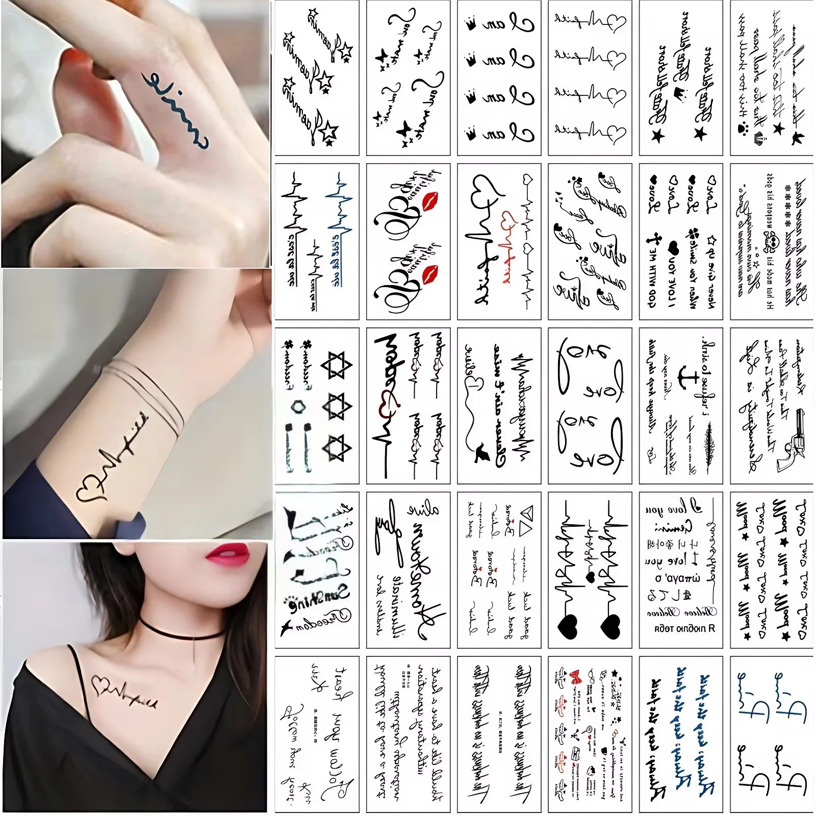 30pcs/pack Fake Tattoos Adhesive Quote English Writing Words Electrocardiogram Waterproof Tattoos Sticker for Men Women Wrist