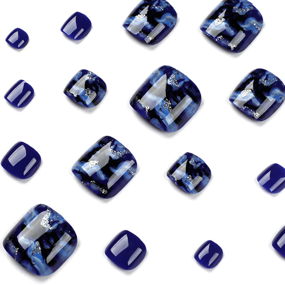 24pcs Glossy Blue False Toenails Sparkling Short Fake Nails Press On Nails Glitter French Style Artificial Nails With Adhesive