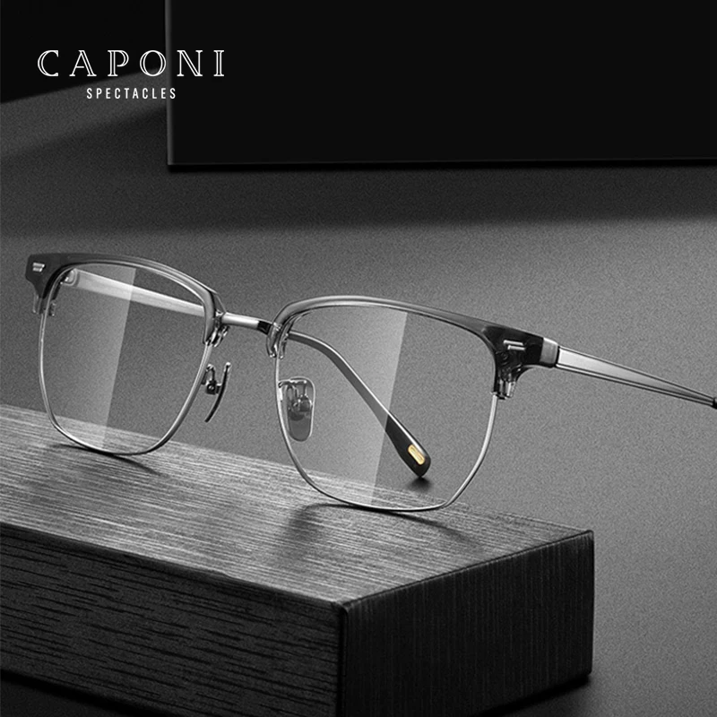 CAPONI Hot Men's Eye Glasses Frame Pure Titanium TR Anti Blue Light Glasses Simple Light Weight Classic Brand Spectacles JF22158