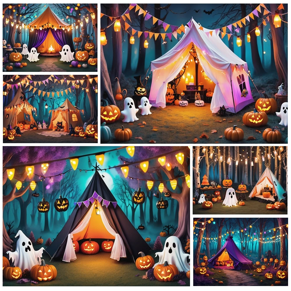 

MOON.QG Forest Halloween Camping Photo Background String Lights Tents Photography Backdrop Photo Studio Photobooth Wallpaper