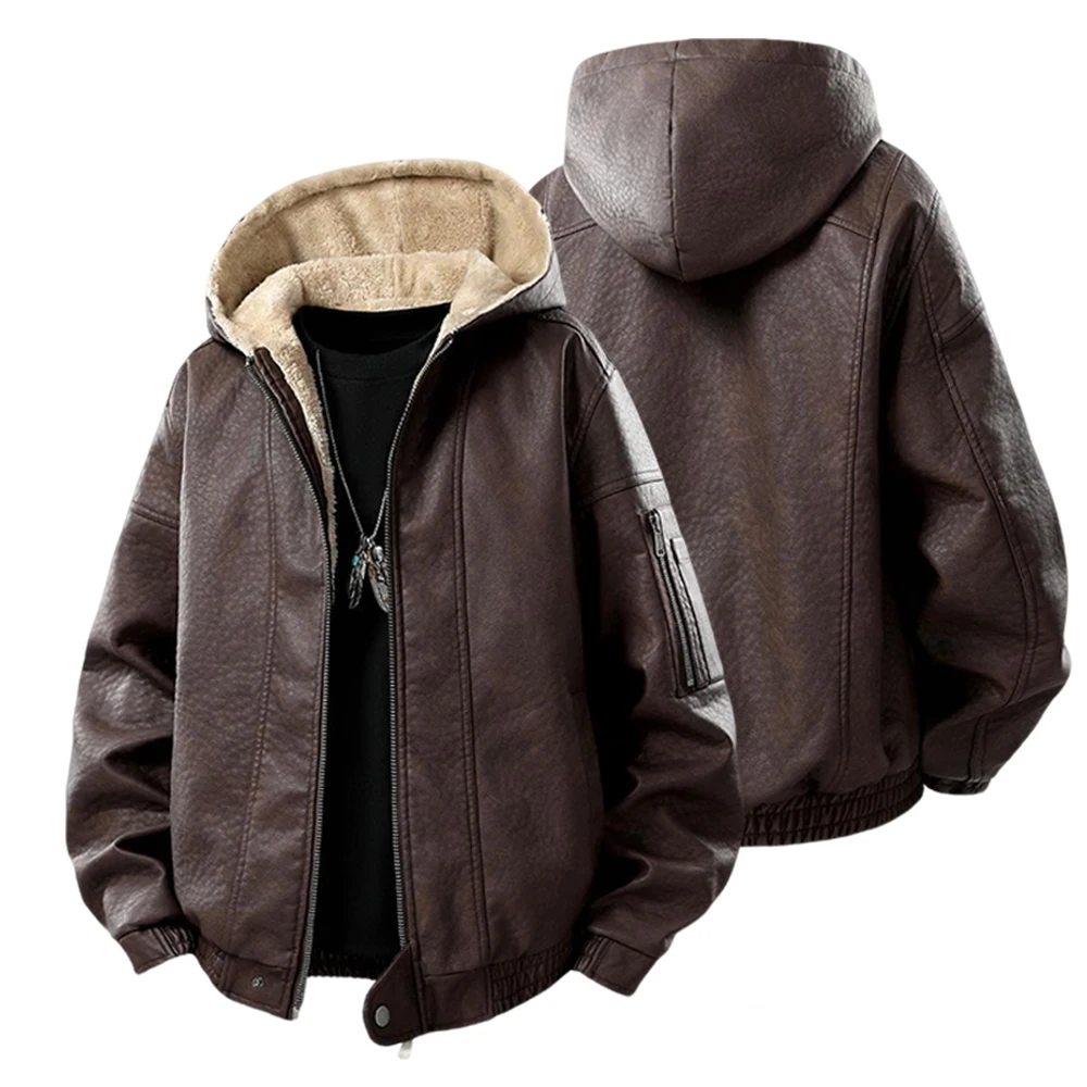 Men's Fashion Casual Leather Jacket Winter Thick Warm Hooded Jacket Outdoor Thickened Windproof Hoodie Coat Trend Biker Jacket