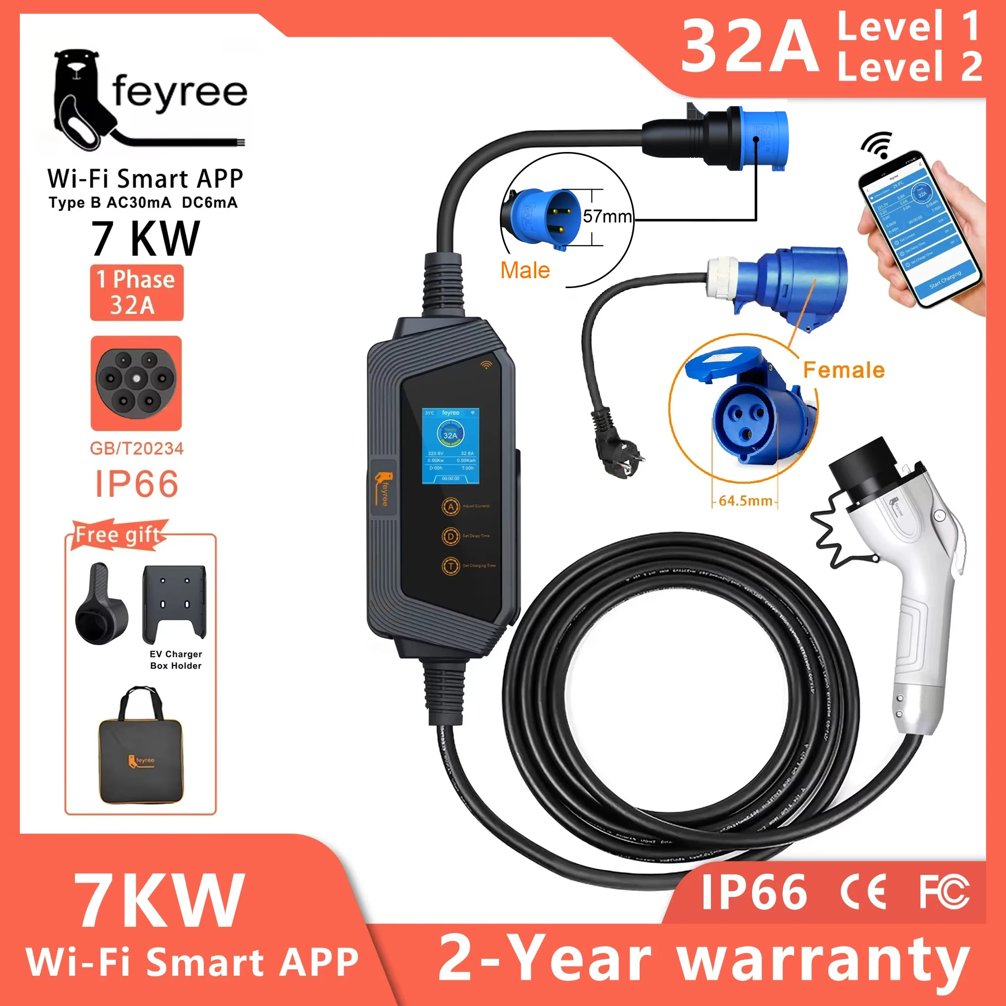 feyree 7KW 32A Adjustable EV Charger GBT Plug APP Bluetooth Version Set Charging Time EVSE Charging Box for Electric Vehicle