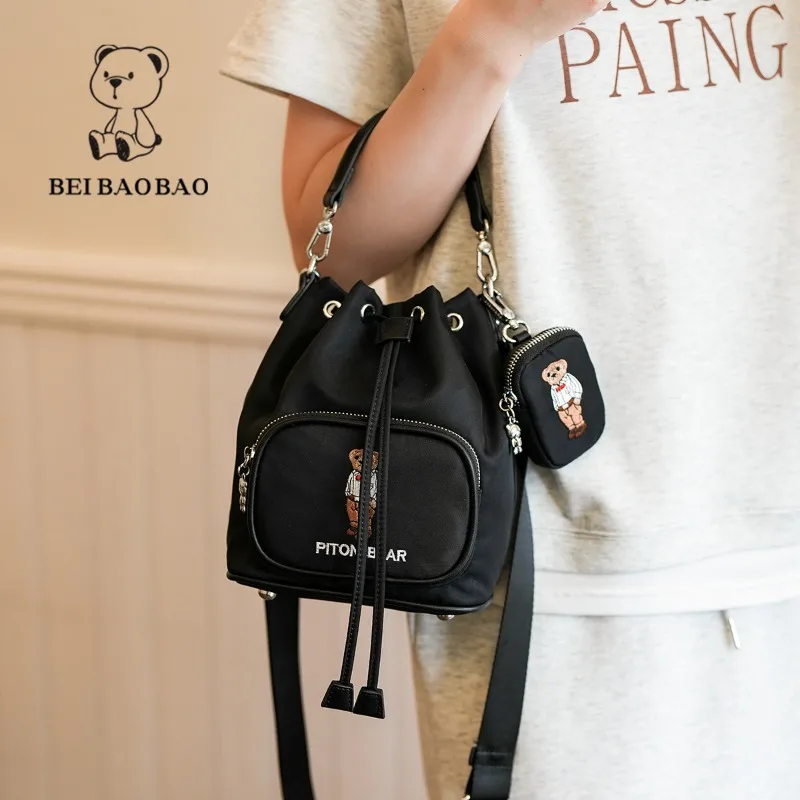 Beibaobao 2024 Summer New Black Women\'s Bag Little Bear Drawstring Cloth Bucket Bags Leisure Fashionable Versatile Crossbody Bag