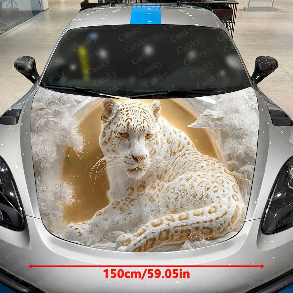Snow Leopard Gilding Car Vinyl Wrap, PVC Waterproof Car Hood Sticker, Self-Adhesive Scratch-Resistant Stickers for Engine Cover