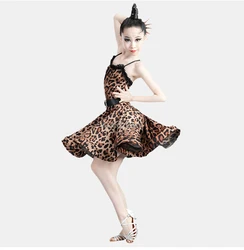 Girl Latin Dance Dress Ballroom Children Dance Costume Salsa Leopard-print Kids Tango Dresses Dancing Stage Performance Clothing