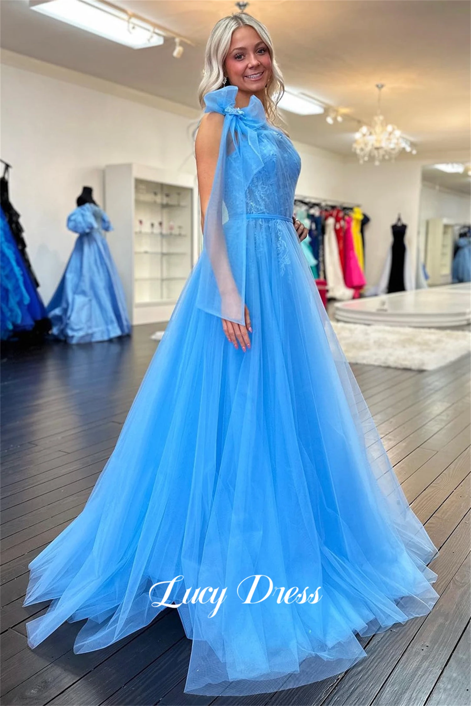 Lucy Bow Decoration Blue Party Dress One Shoulder Sleeve Line A Ball Gown Graduation Prom Dresses 2024 Robe De Soiree Femmes