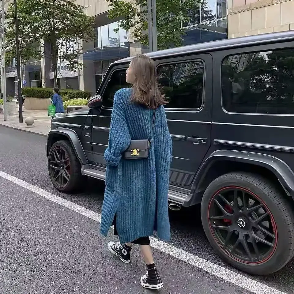 한국 루즈핏 대형 여성 의류 신상품 레이지 스타일 스웨터 가디건 두꺼운 코트 봄과 가을용