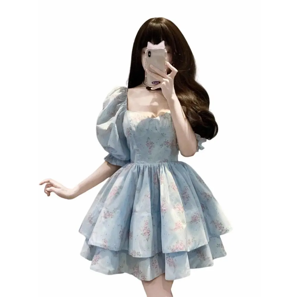 Korejepo French Coffee Break Floral Bubble Sleeve Dress Children Ballet Fluffy Super Fairy Disney Princess Dresses Vestido