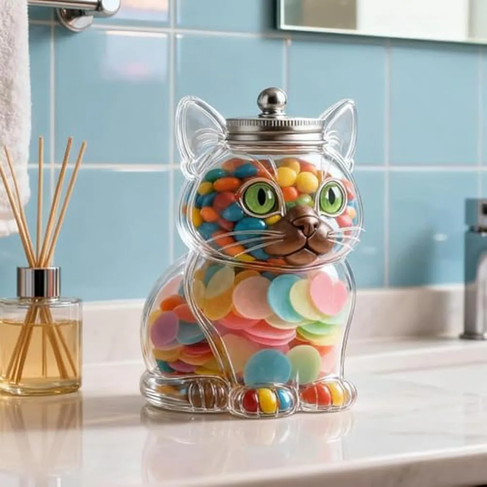 Transparent Cat Shaped Glass Storage Jar Snack Container Creatively Decorative Glass Jar Ornament Candy Jar