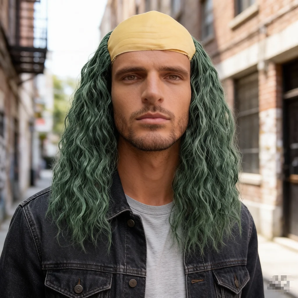 Sage Green Curly Wig – Long Wavy Synthetic Hair with Natural Parting for Fantasy, Witch, Elf, Cosplay & Stage Costume Looks
