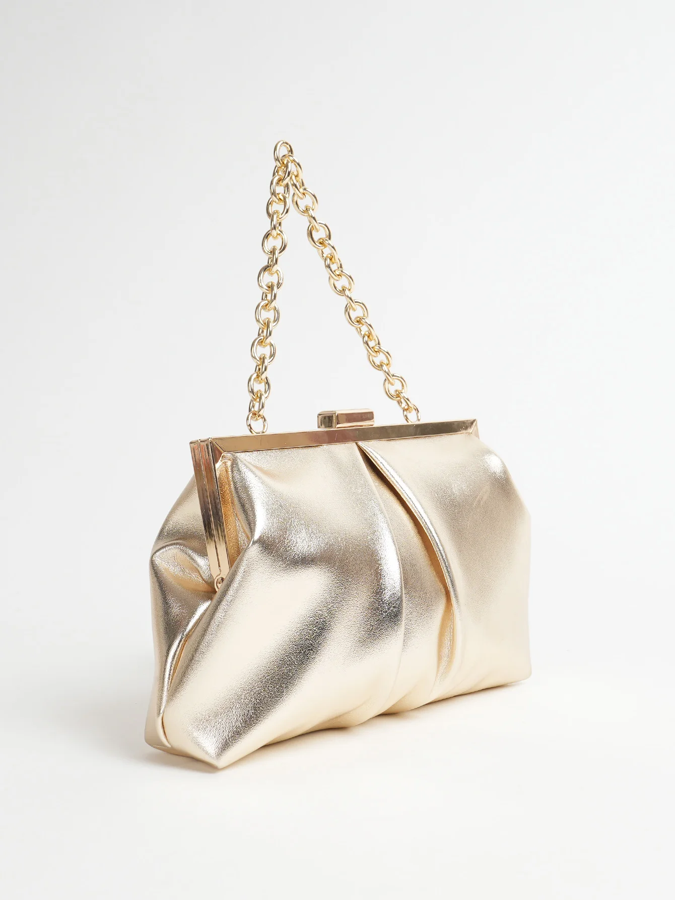 1 Stück Elegante Abendtasche aus Metallic-PU-Leder mit Falten und Kiss-Lock-Verschluss, Glänzender Metallkettenhalter-Rahmen, Crossbody-Clutch-Tasche – Detail 12