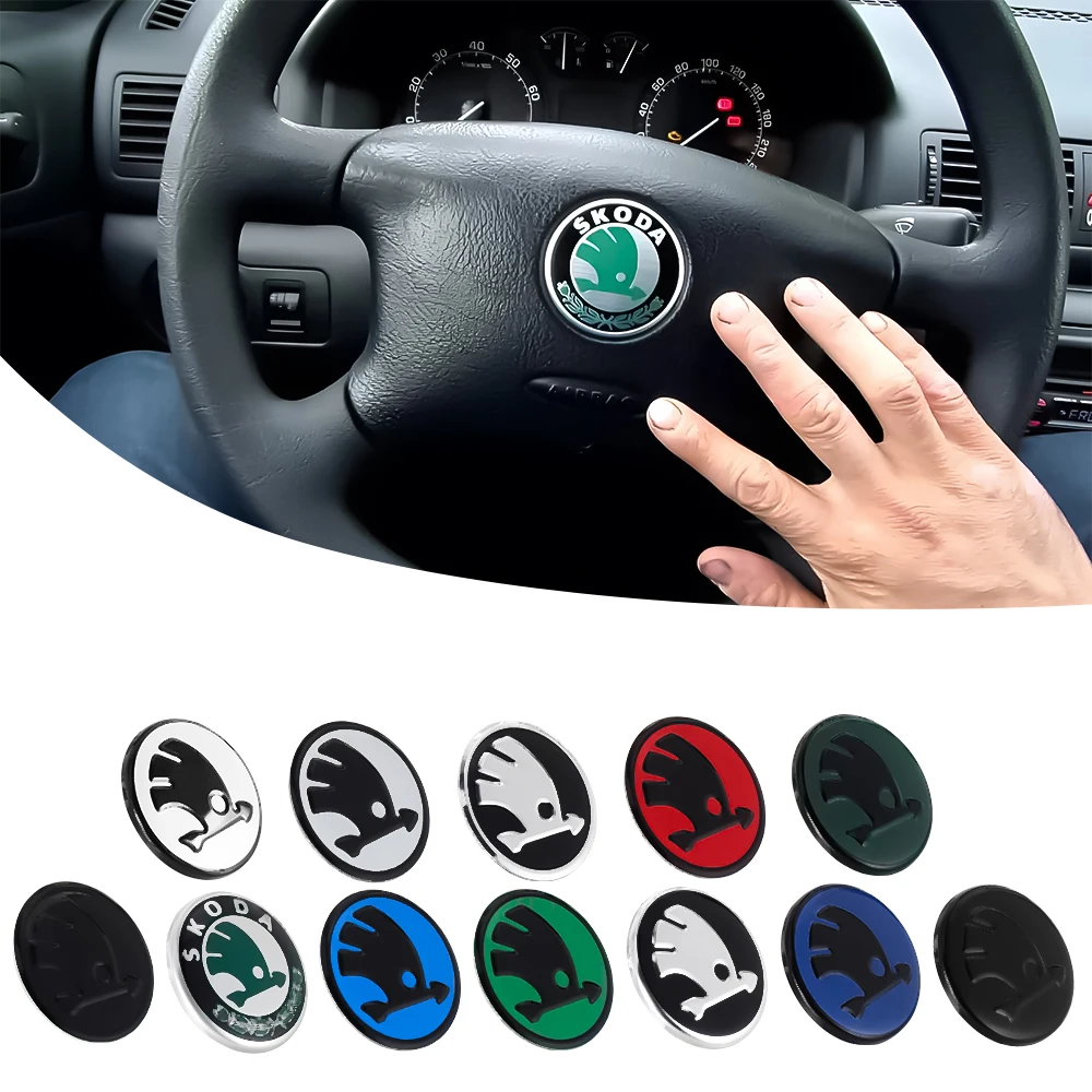 

43MM 44MM 3D Aluminum Car Steering Wheel Emblem Cover Sticker For Skoda Rapid Fabia Octavia Yeti Superb Scala Kodiaq Karop Kamiq