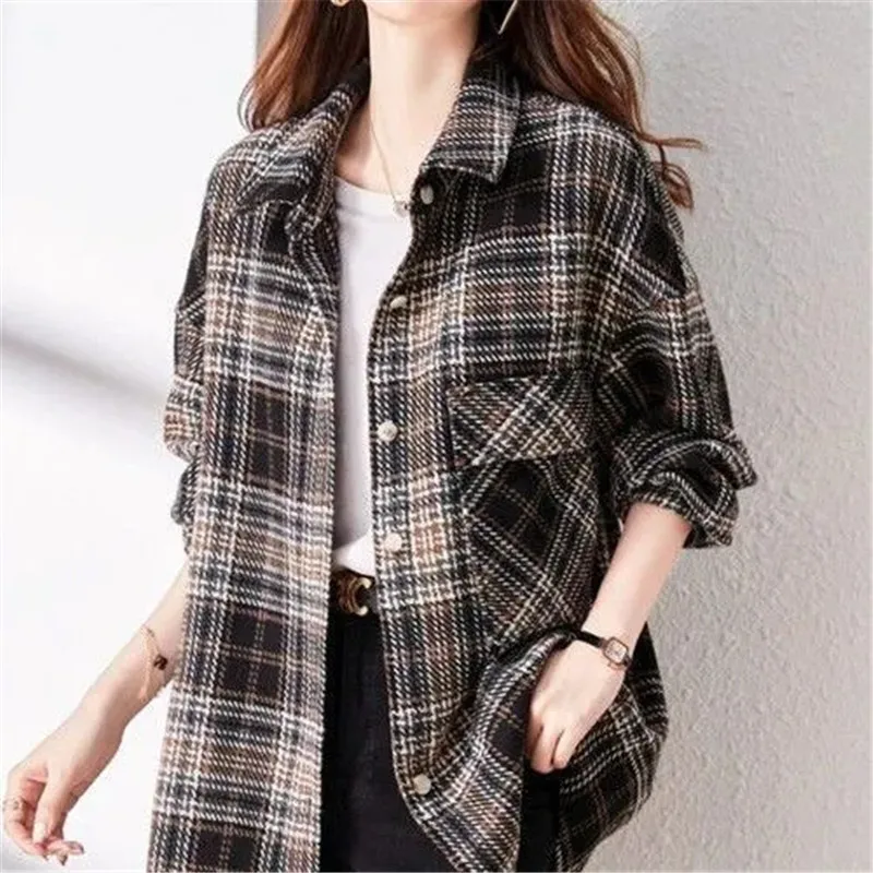 Fashion Long Sleeve Sanding Plaid Shirts Female 2023  Spring Autumn Casual Women's Shirt Jackets Mid-Length Thin Coat Tops