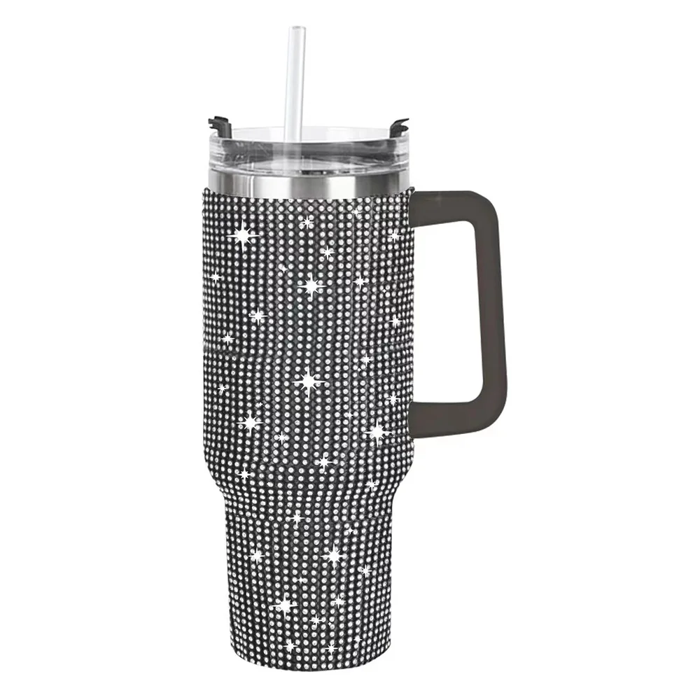 Cow Pattern 40oz Bingba Cup with Diamonds Stainless Steel Vacuum Straw Cup with Handle