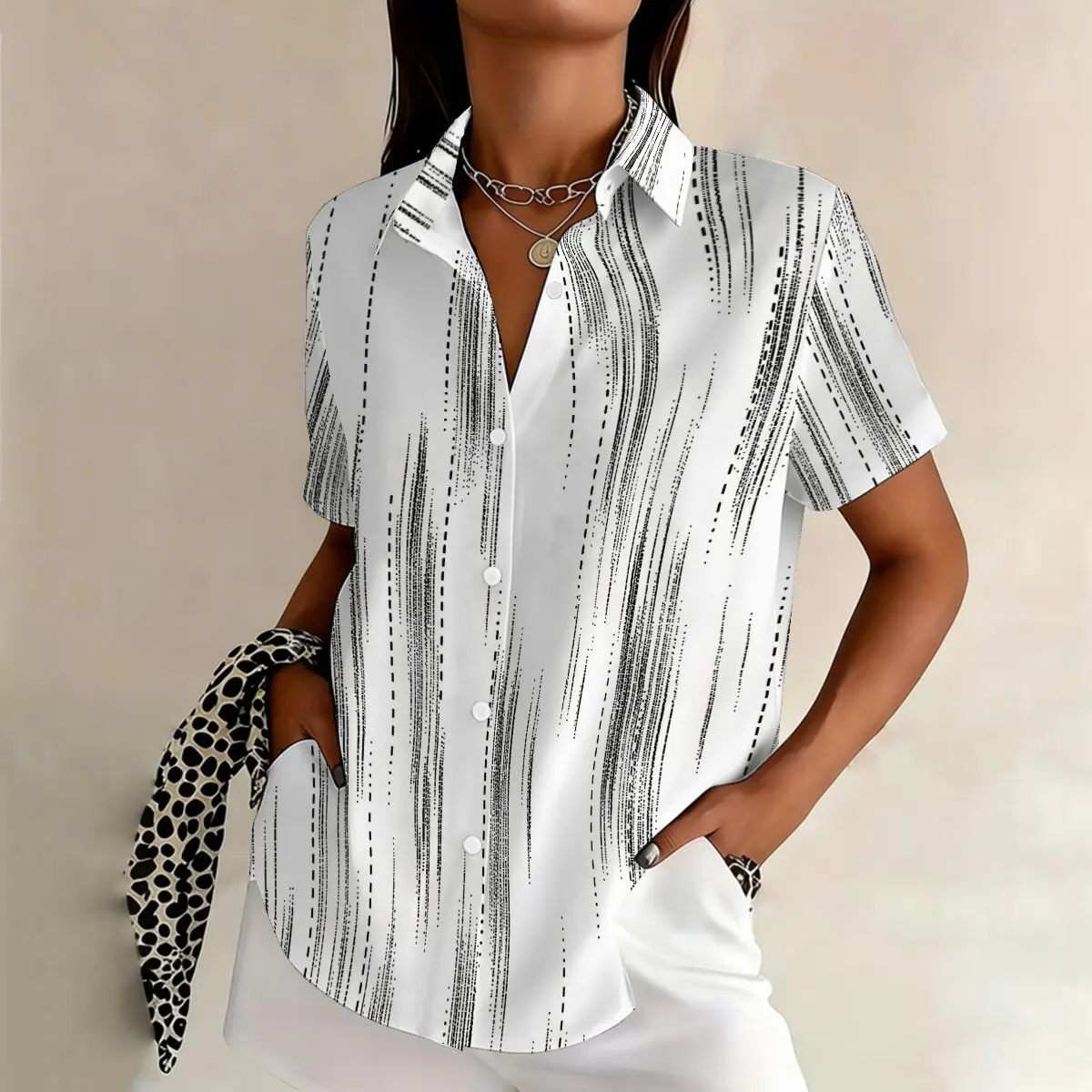 

Fashion women's plus-size short-sleeve shirt for summer, ink-wash minimalist literary style, elegant and suitable for workplace