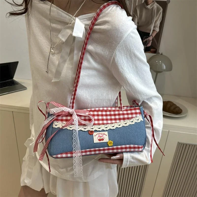 Sweet Lace Plaid Women's Shoulder Bags Patchwork College Style Girls Underarm Bag Simple Pleated Design Female Handbags Purse