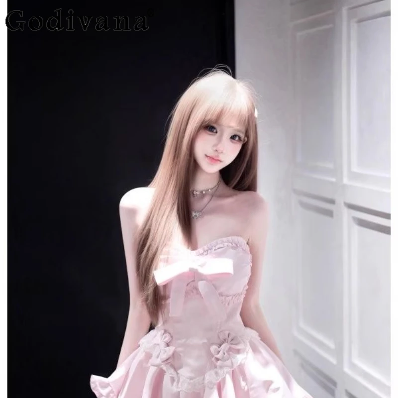 Estate nuovo dolce rosa ragazze vestono puro desiderio design senza spalline abito carino fiocco da donna vita dimagrante abito corto Lolita