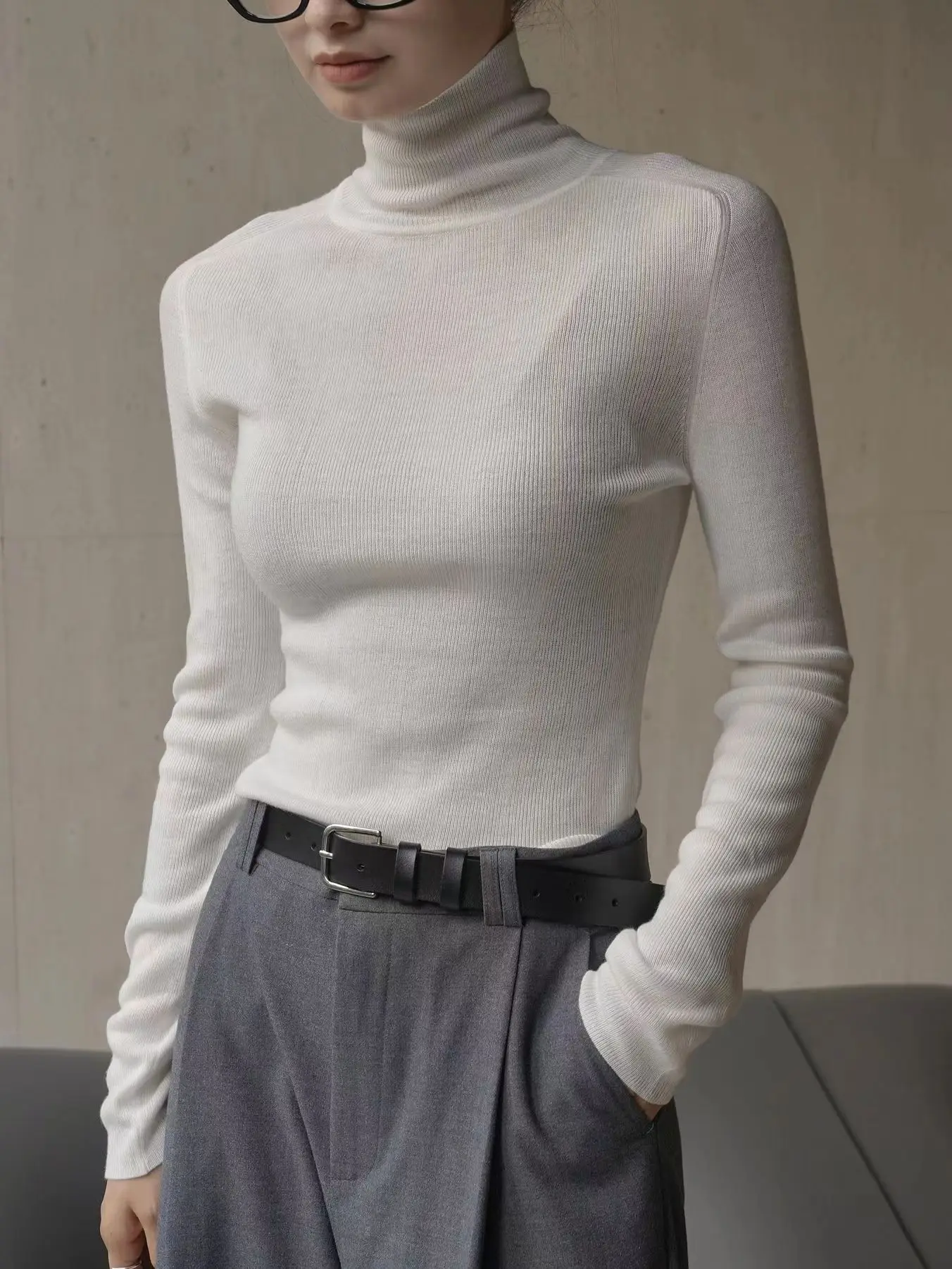 Women's High Neck Long Sleeve Wool Sweater, Slim Fit, Monochromatic, Casual, Autumn, Winter