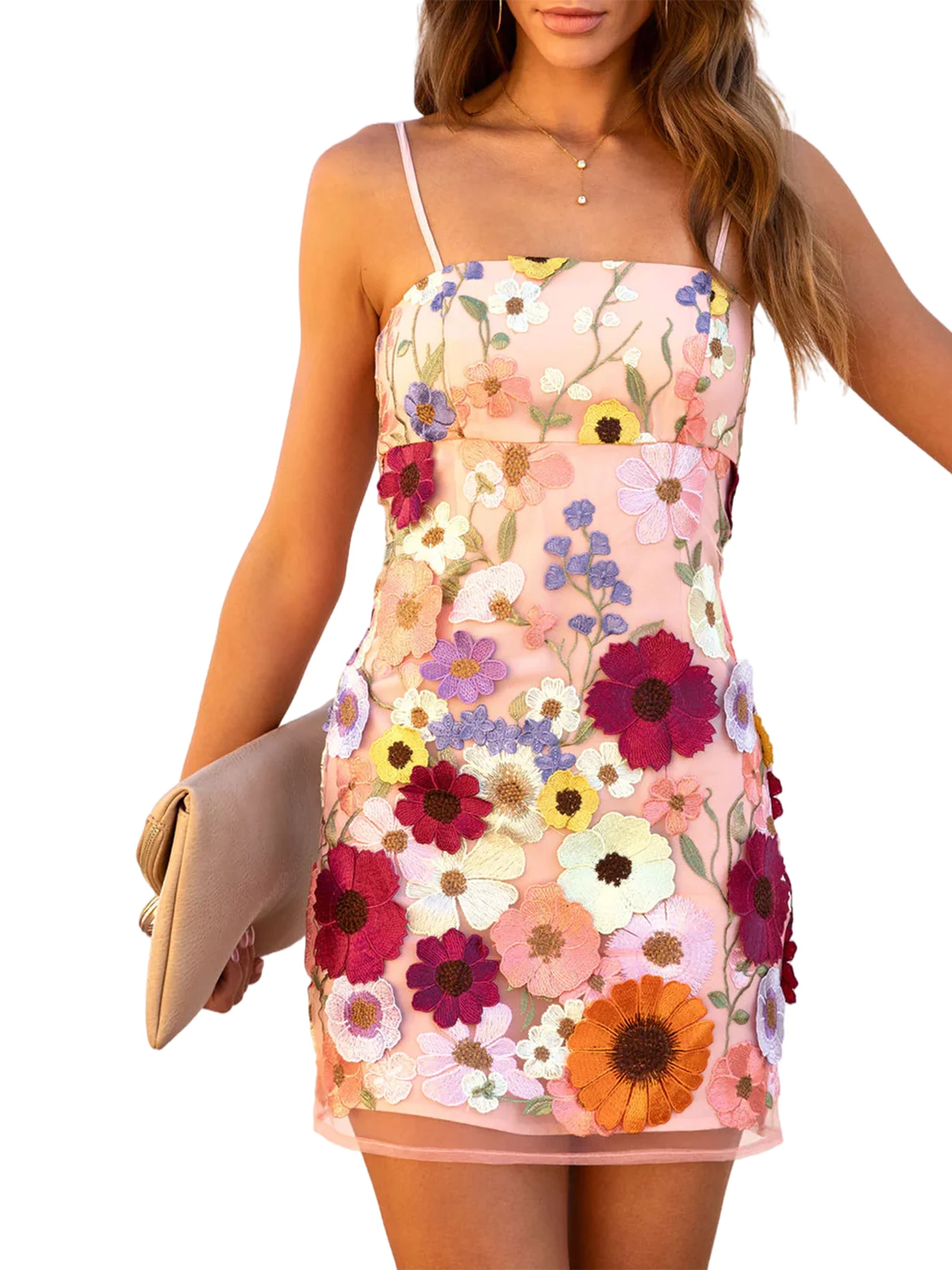 

Y2K Floral Embroidery Cami Dress with Spaghetti Straps - Sexy Low Cut Bodycon Short Dress for Cocktail Parties