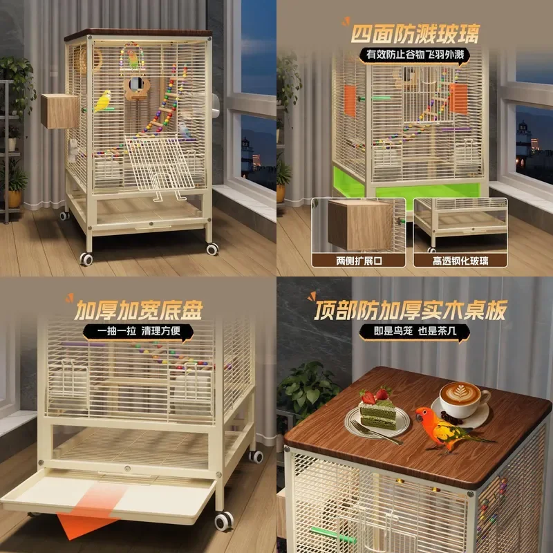 For Parrot Cage Horizontal Wire Glass Splash Proof Large Luxury Bird Cage for Sun Conure Cockatiel Home Villa Use Durable