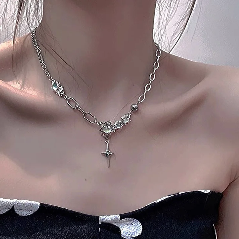 Crystal Opal Pendant Liquid Metal Necklace for Women Clavicle Chain Geometric Irregular Vintage Choker Y2K Jewelry Accessories