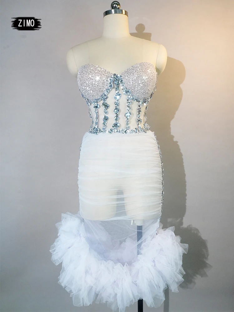 

Fashion Rhinestones Dress Sequin White Women Sexy Mesh Transparent Off The Shoulder Nightclub Birthday Party Celebrate Costumes