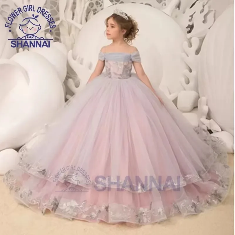 

Custom Made Elegance Off The Shoulder Fluffy Flower Girl Dresses for Weddings Applique Ruffles Toddler Pageant Dress Kids